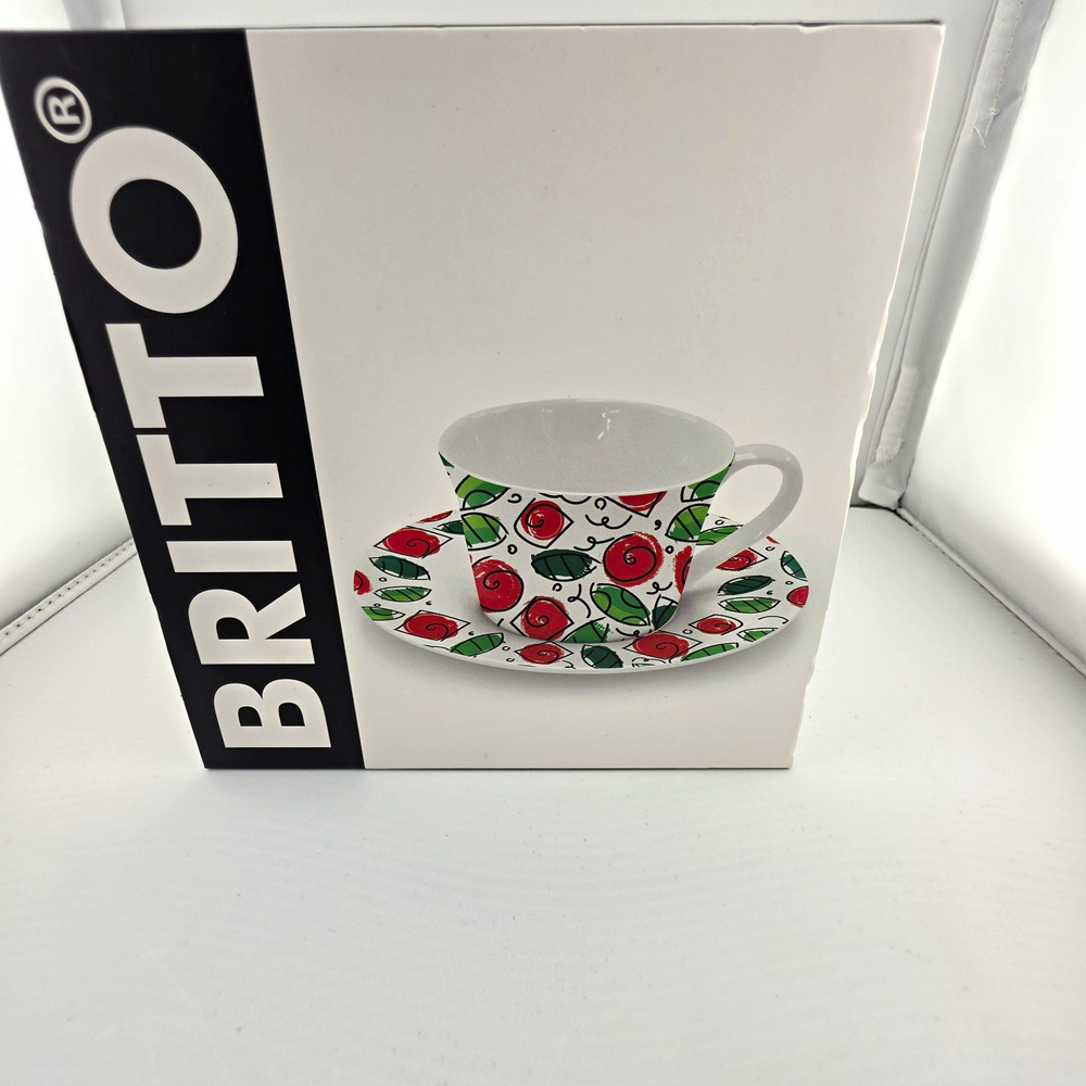 BRITTO Bone China Coffee Cup & Saucer Set, Painted Floral, White/Red/Green